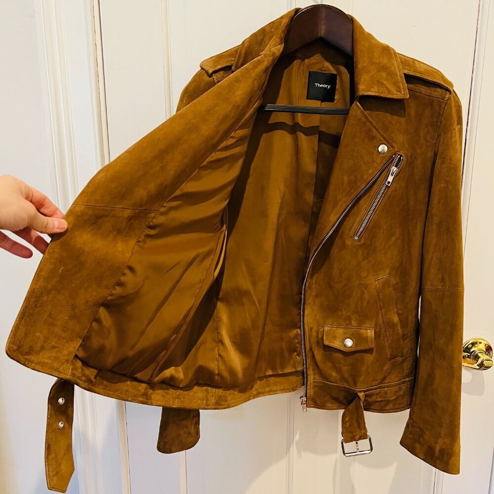 Theory Suede Goat Leather Womens Cognac Brown Tan Bike Jacket Coat Size Small - Picture 3 of 16